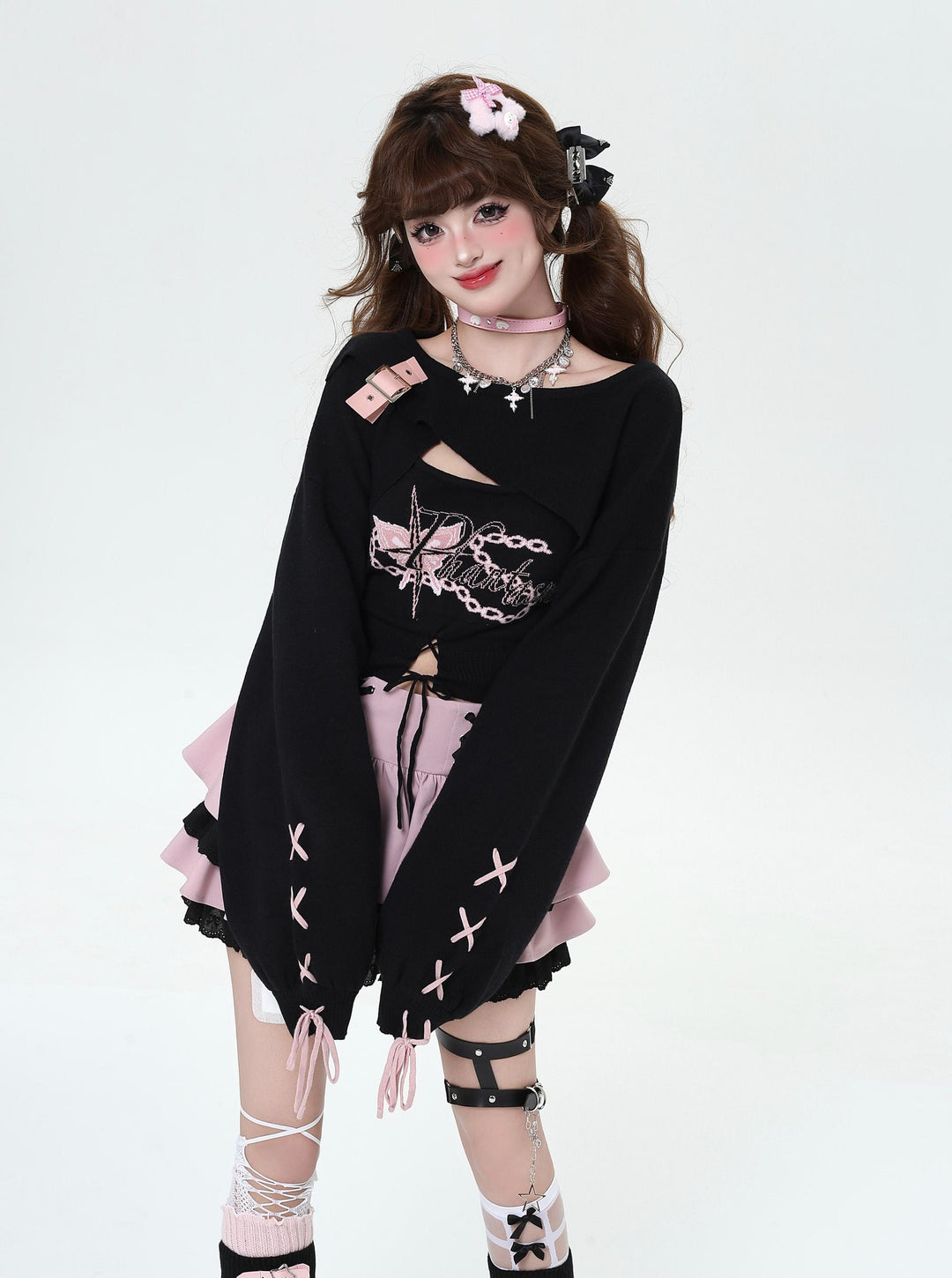 Gyaru Fashion Sweater Sexy Long-Sleeve Knitted Two-Piece Set 41788:719362