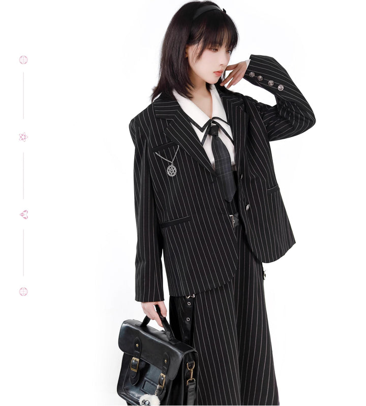 Black Striped Blazer Skirt with White Shirt Set 29366:355450 29366:355450