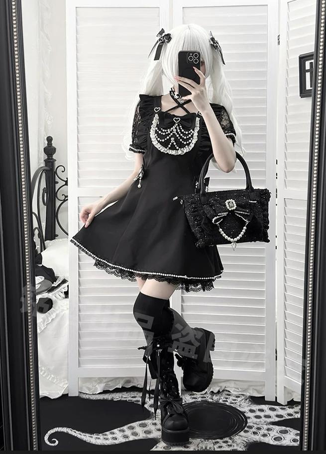 Jirai Kei Pearl Chain Dress, Halter Neckline 45650:857206