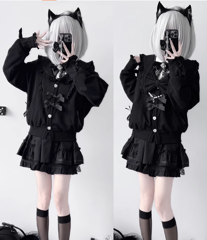 Jirai Kei Jacket Sailor Collar Coat With Lace Bow and Peal Chain 42148:730711