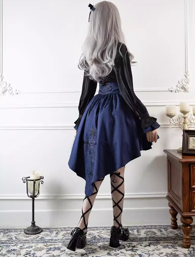 Ouji Lolita Prince Outfit Navy Blue Lolita Blouse Skirt Set 39360:633260