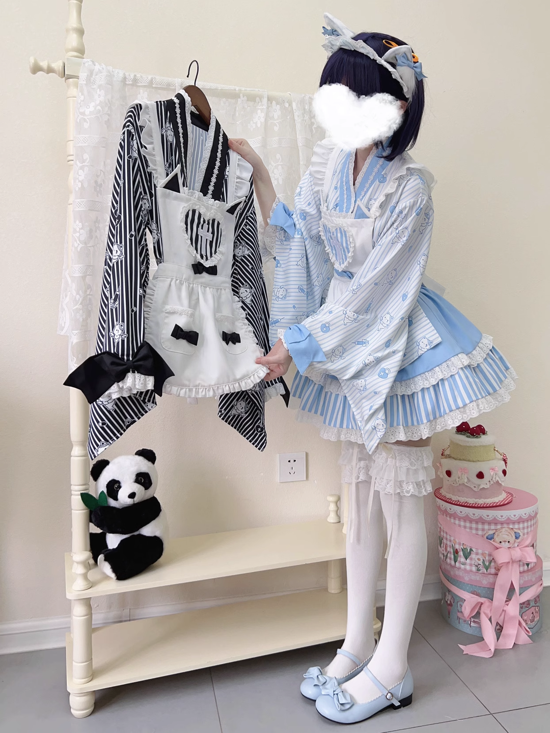 Kimono Lolita Blouse Striped Housemaid Skirt Set 37640:609486