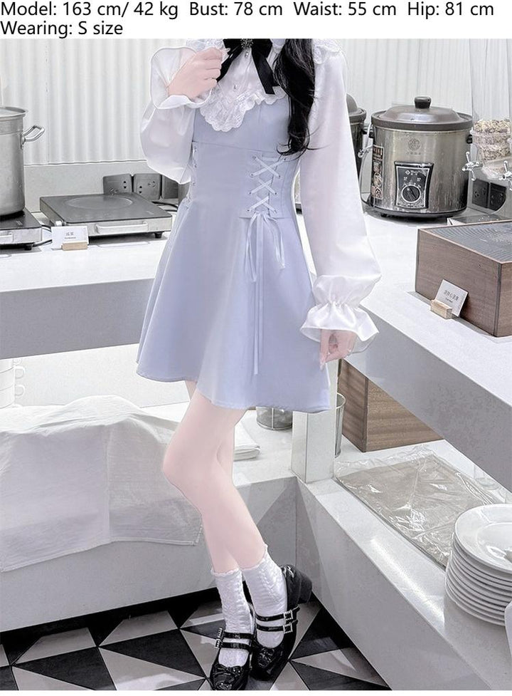 Blue Jirai Kei Dress with Ruffled Lace Trim and Lace-up Detail 42236:734726