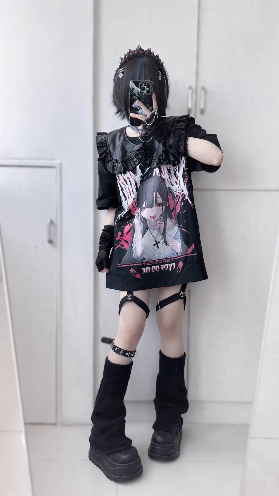 Jirai Kei T-shirt Black Cotton T-shirt Girl Print 38876:608284