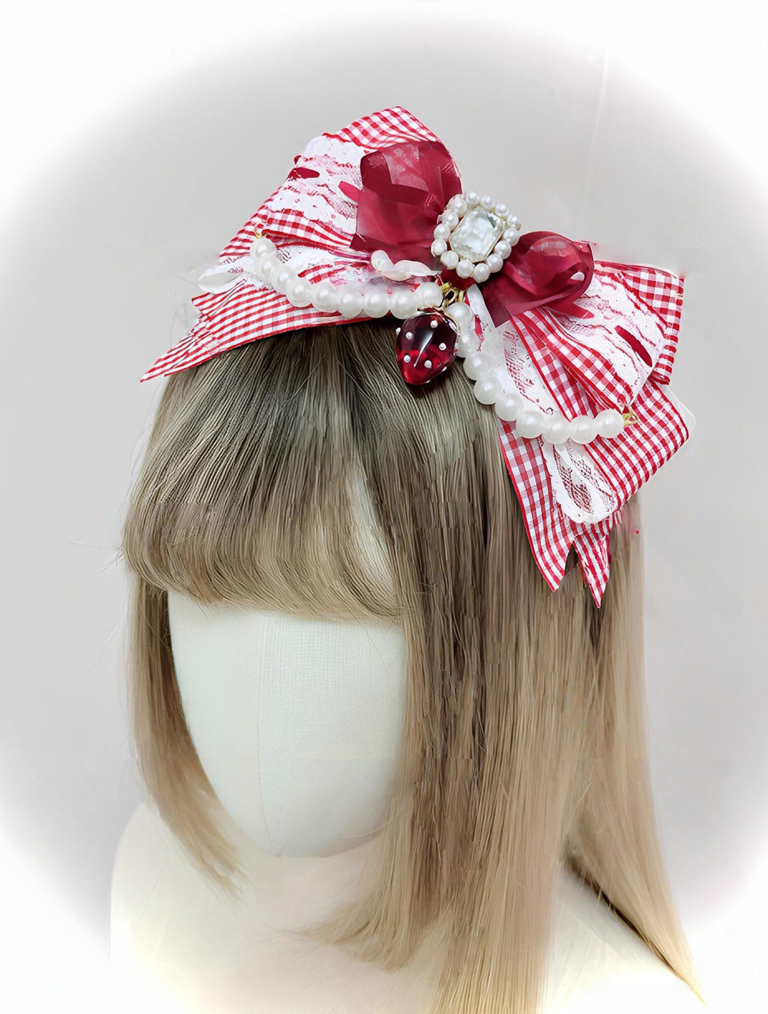 Ryousangata Plaid Strawberry Headband, Adjustable Bow 43647:782291