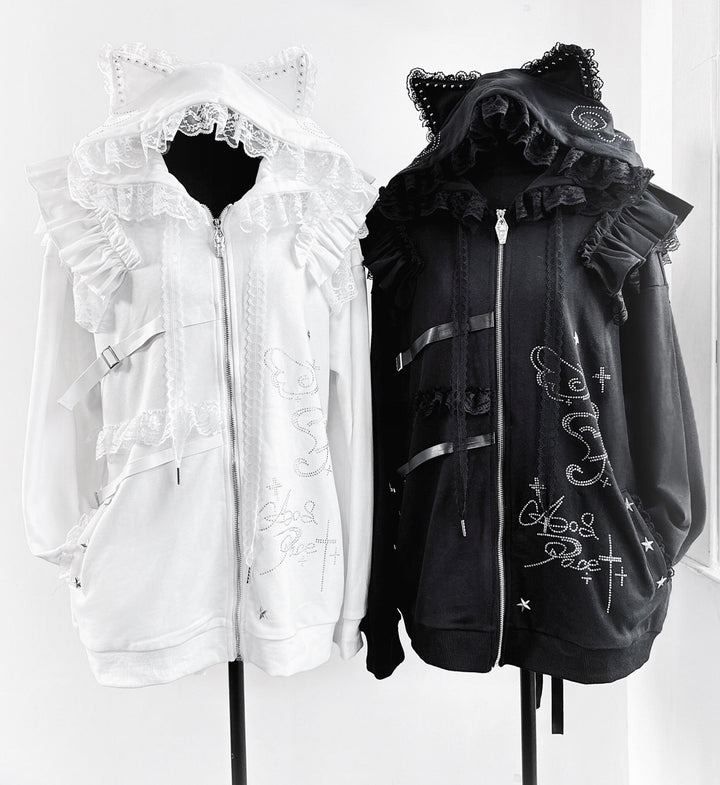 Rhinestone Setting Sub Culture Jacket, Cat Ear Hood 44766:825919