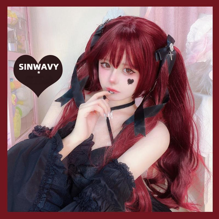 Gothic Lolita Wig Raspberry Red Claw Clip Double Ponyails 39354:640720