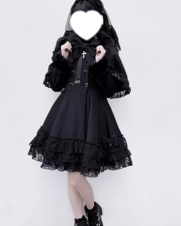 Winter Jirai Kei Coat With Detachable Cape Lace Trim Coat 41574:706766