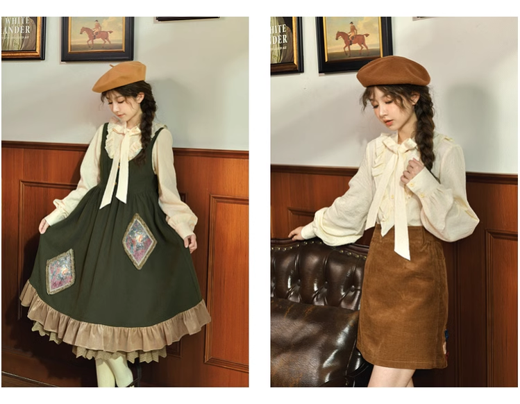 Mori Kei Dress Green Suspender Dress Apricot Blouse 39312:643746