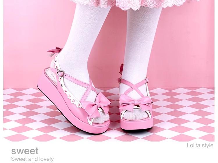 Lolita Shoes Round Toe Open Toe Lace Platform Sandals 37450:561634