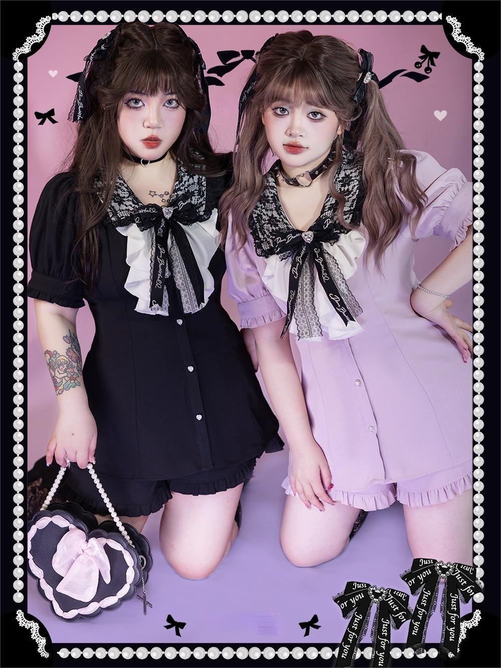 Plus Size Jirai Kei Blouse Short Sets Pink Black Full Set 21886:317368