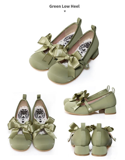 Lolita Shoes Green Blue Shoes Round Toe Cute Leather Heels 37060:546538