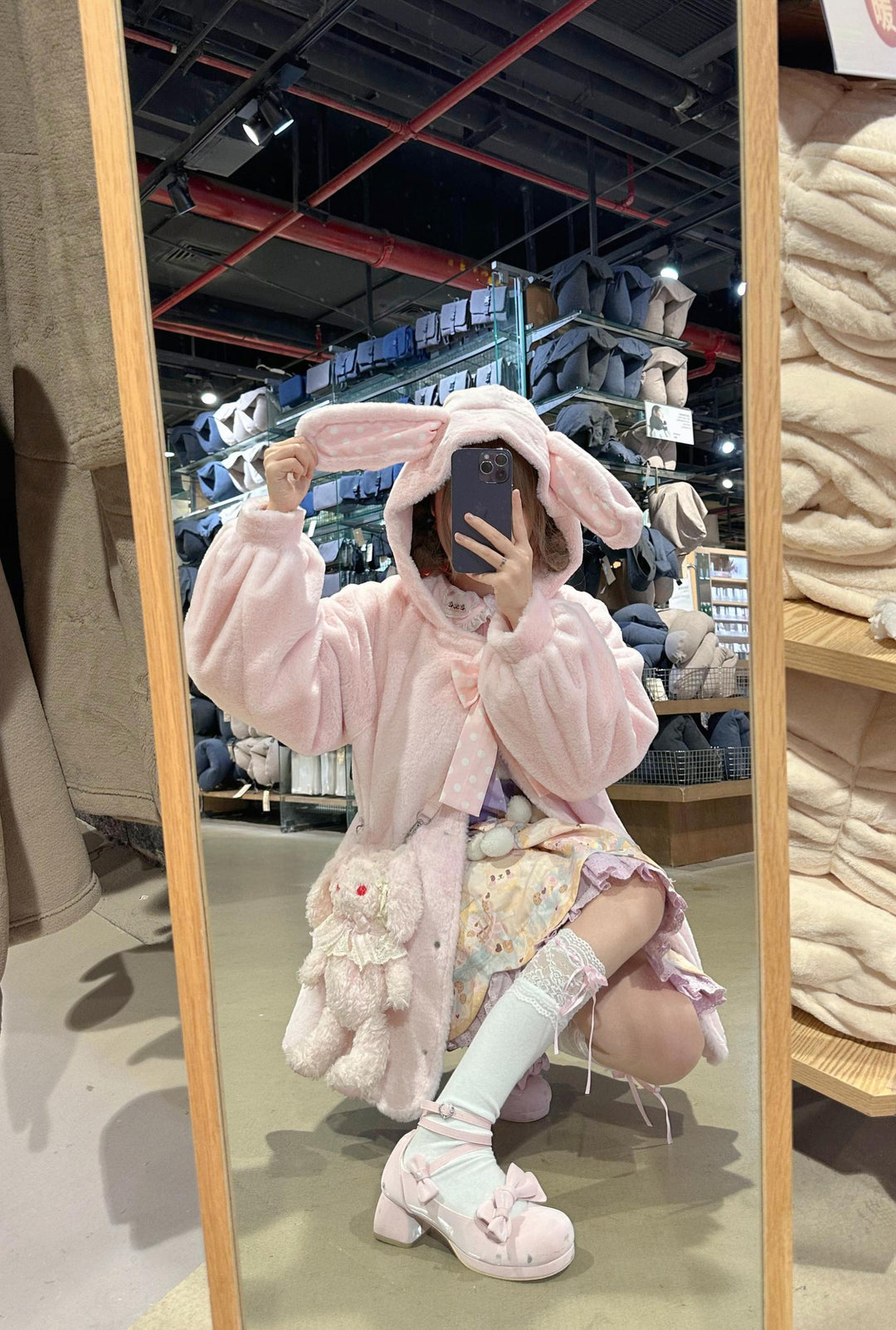 Jirai Kei Coat Sweet Bunny Ear Hoodie Long Fleece Coat 40938:682306