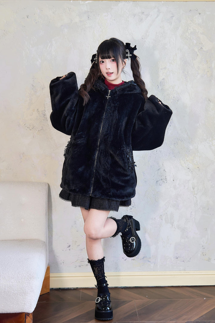 Jirai Kei Winter Coat Fleece Cat Ear Hooded Lace Bows Coat 41408:698064