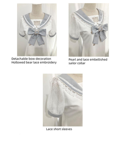Jirai Kei Dress Pearl Embroidered Dress Short Sleeve Dress 37648:568186