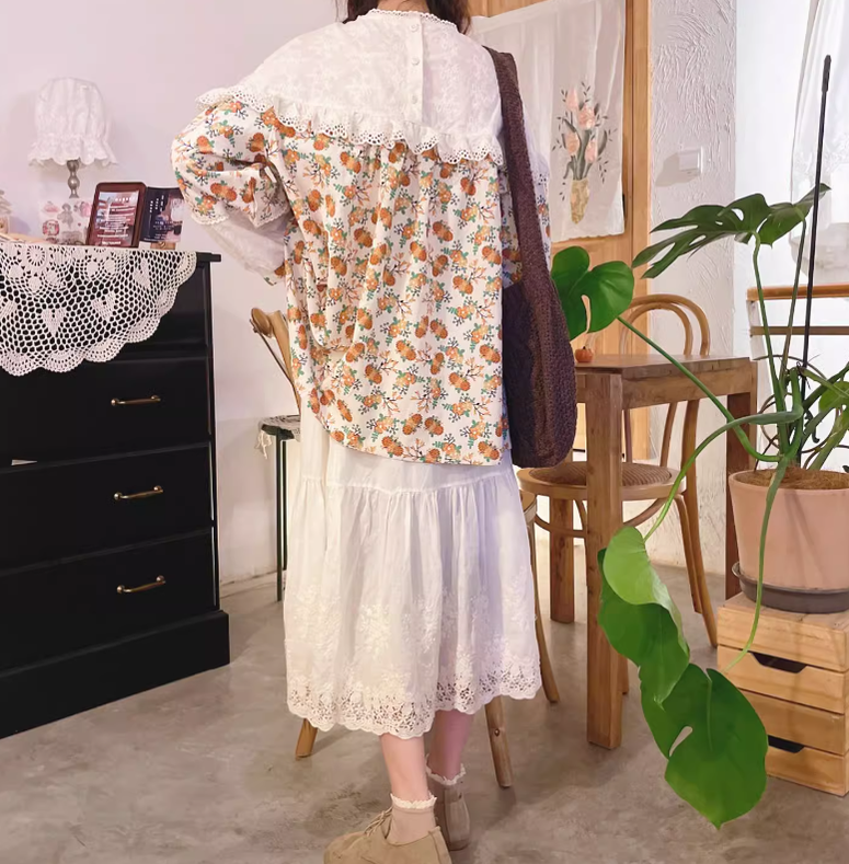 Mori Kei Underskirt Cotton Hollow Lace Spliced Skirt 36220:524788
