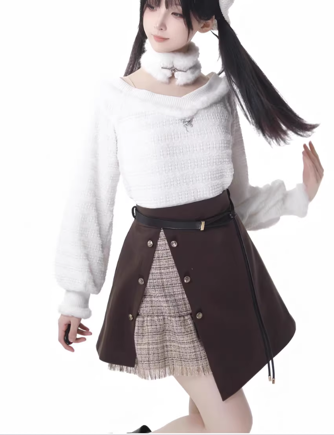 Mori Kei Outfit Set Plush Coat Sweater Skirt Set 41114:694988