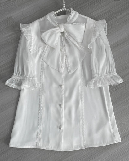 Jirai Kei Blouse Black White Pink Shirt Bowknot Short Sleeve Shirt 31994:432954