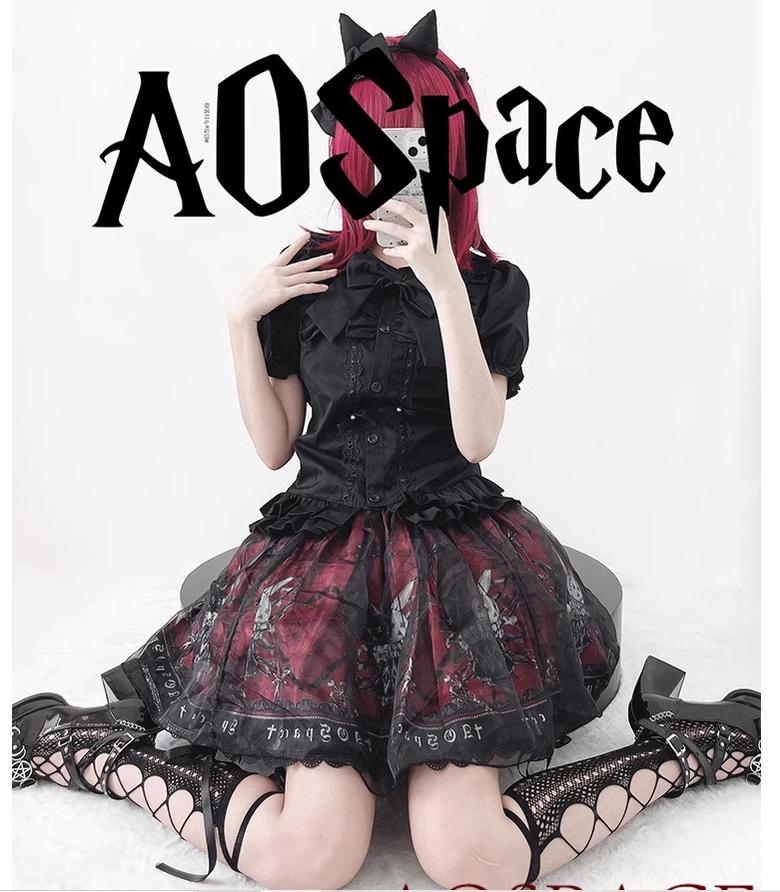 Black Lolita Skirt High-Waisted Print Skirt With Lace Trim 37562:563882