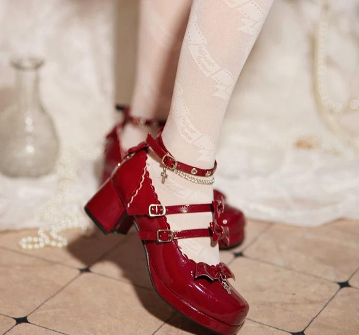 Halloween Gothic Lolita Heeled Shoes, Cross Pendant 45653:857584