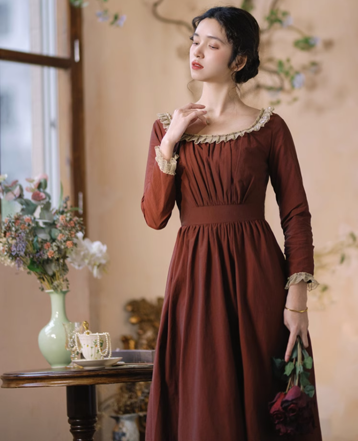 Mori Kei Dress Classical Oil Painting Dress Rust Red Dress 36348:544708
