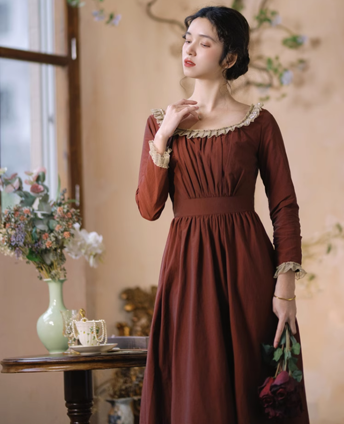 Mori Kei Dress Classical Oil Painting Dress Rust Red Dress 36348:544708 36348:544708