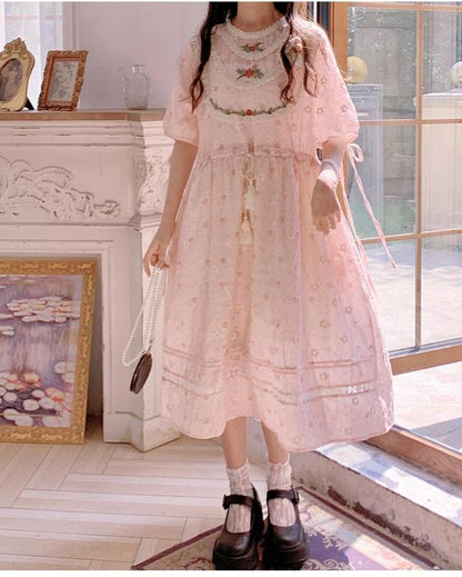 Mori Kei Dress Pink Floral Dress Short Sleeve Dress 36208:523742