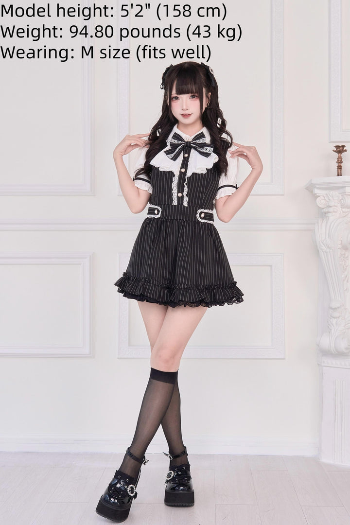 Striped / Solid Jirai Kei Dress, Elastic Shorts 43533:779067