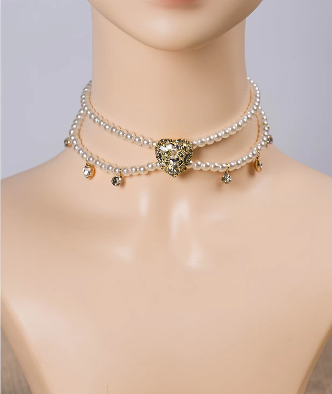 Jirai Kei Double-layered Pearl Necklace, Heart Rhinestone (L M) 45109:838131
