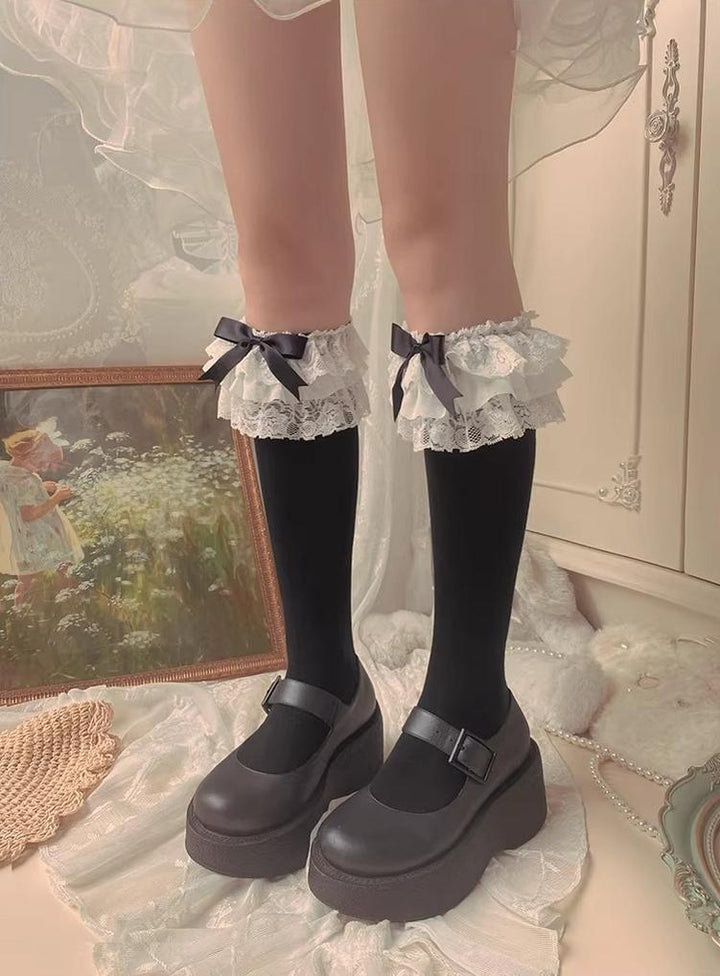 Lolita Socks Layers Lace Frill Cotton Mid-Calf Socks With Bows 42243:734851