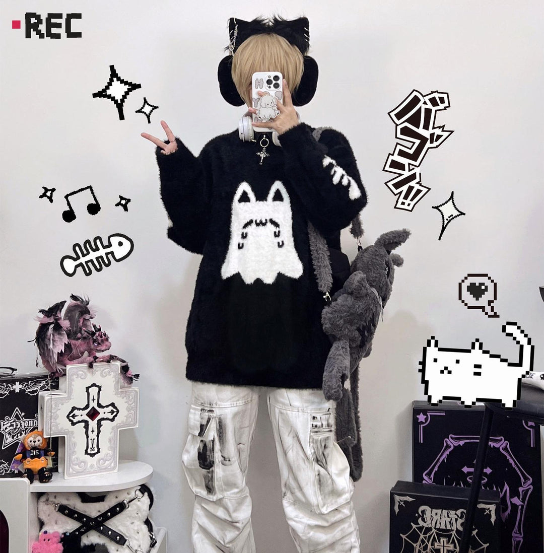 Jirai Kei Sweater Black Ghost Cat Print Couple Sweater 39952:646096