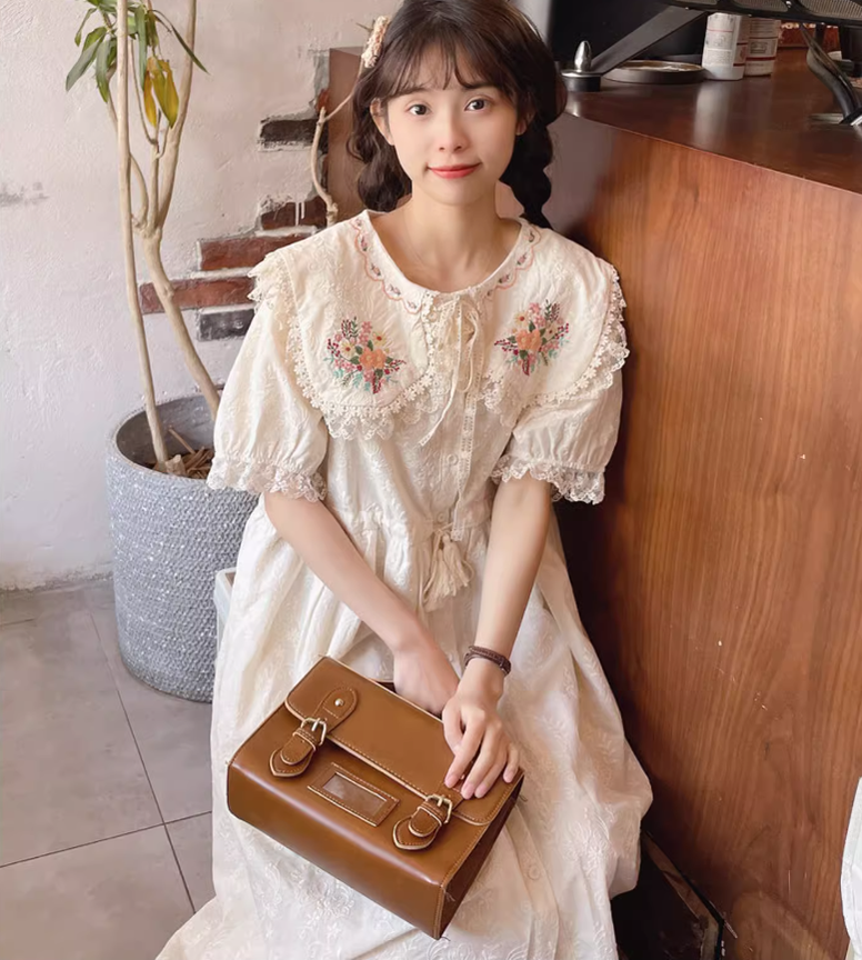 Mori Kei Dress Cottagecore Dress Short Sleeve Dress 36212:524364