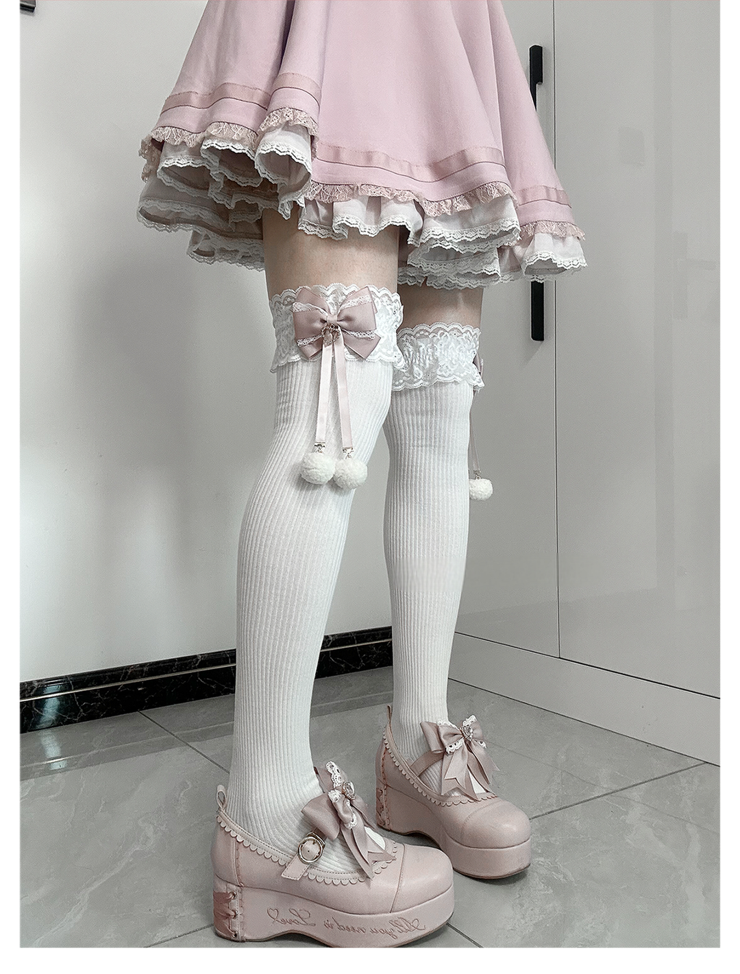 Jirai Kei Knee Socks Lace Bow Pom-Pom Mid-Calf Socks 40886:678934