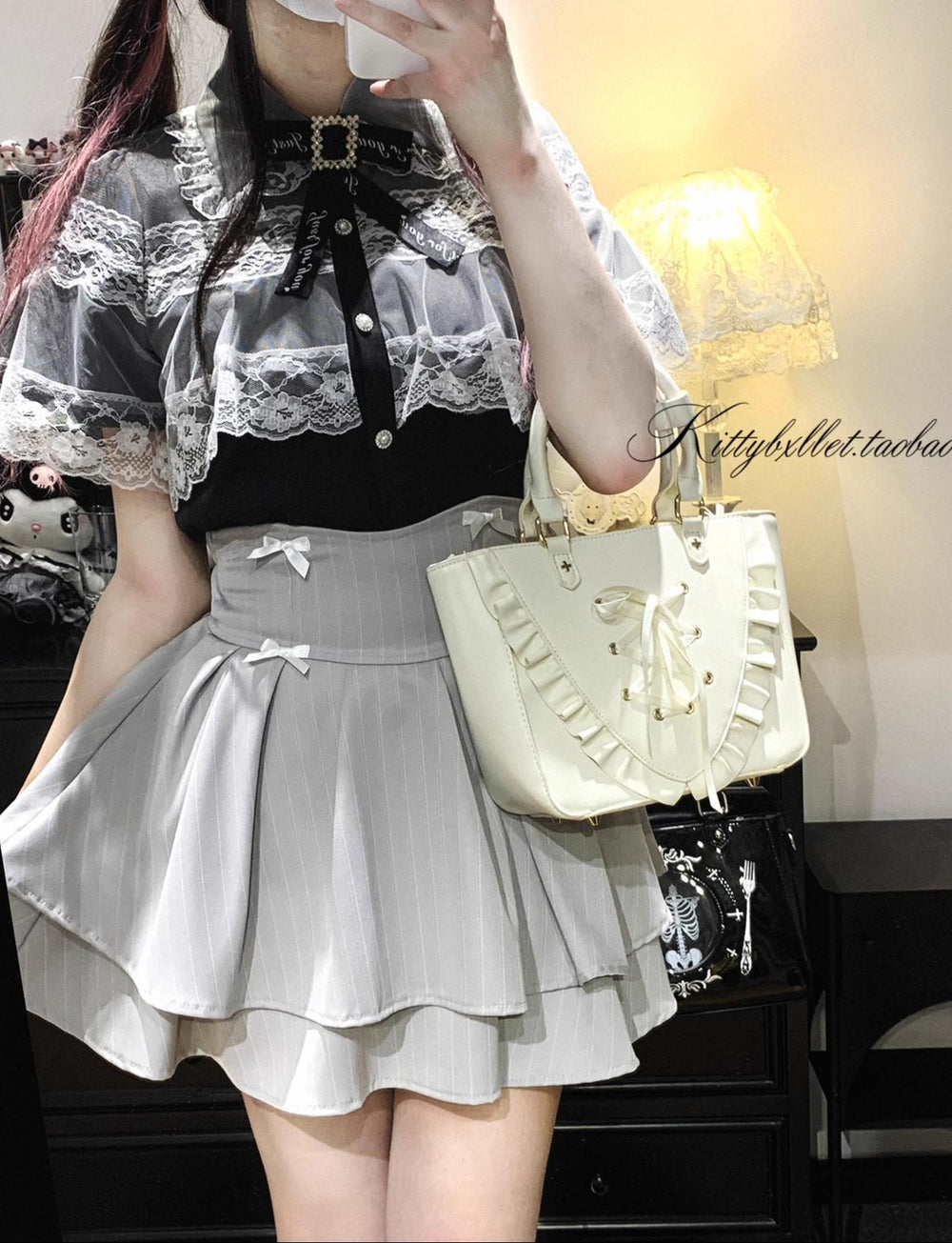Striped Jirai Kei Skirt With Elastic Waist & Built-in Shorts 43074:766276