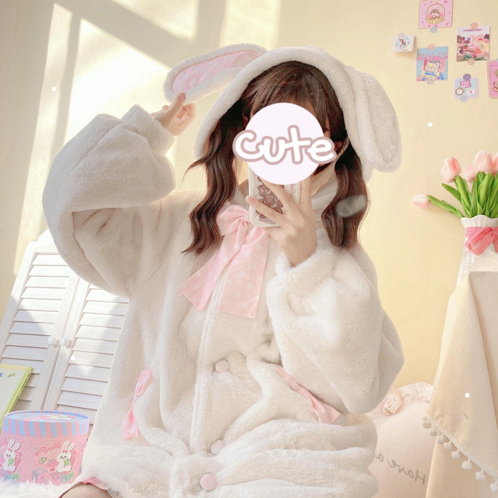 Jirai Kei Coat Sweet Bunny Ear Hoodie Long Fleece Coat 40938:682278