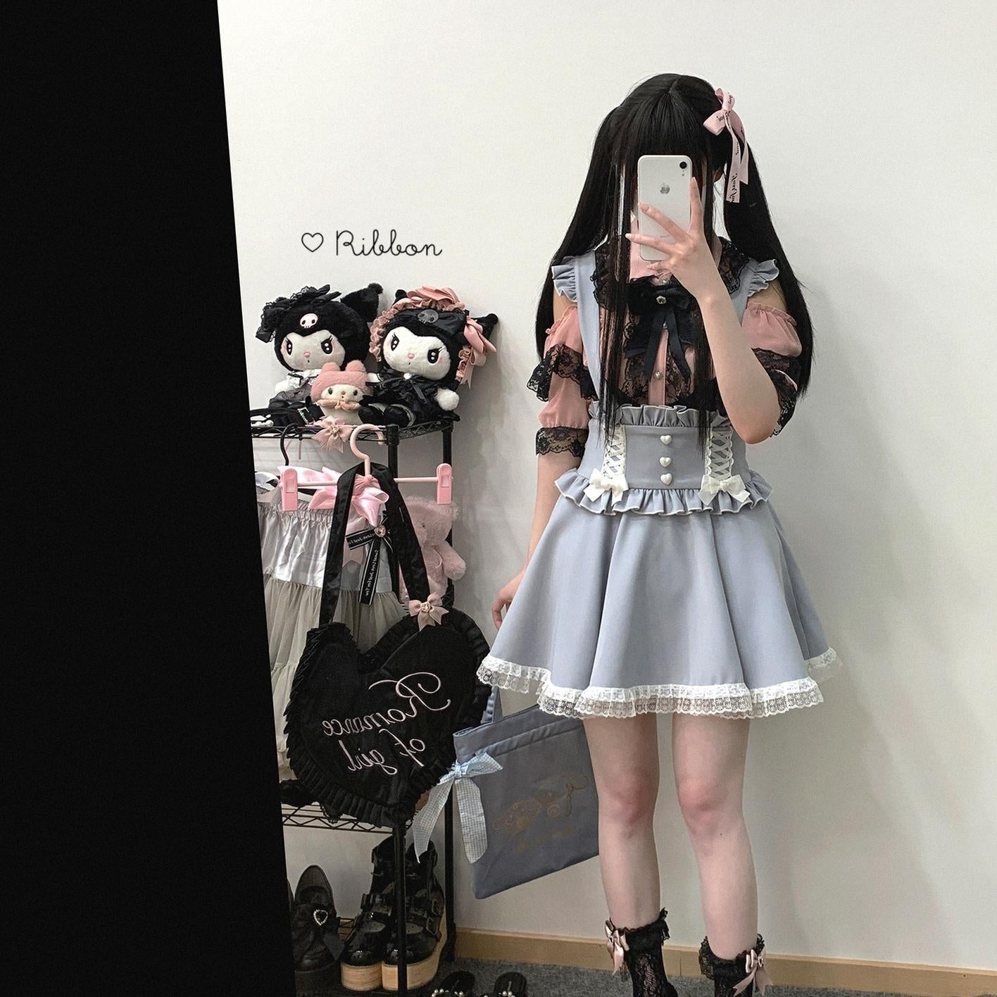Jirai Kei Suspender Skirt Ruffled Lace Strap Salopette (Blue / Preorder) 35372:544212