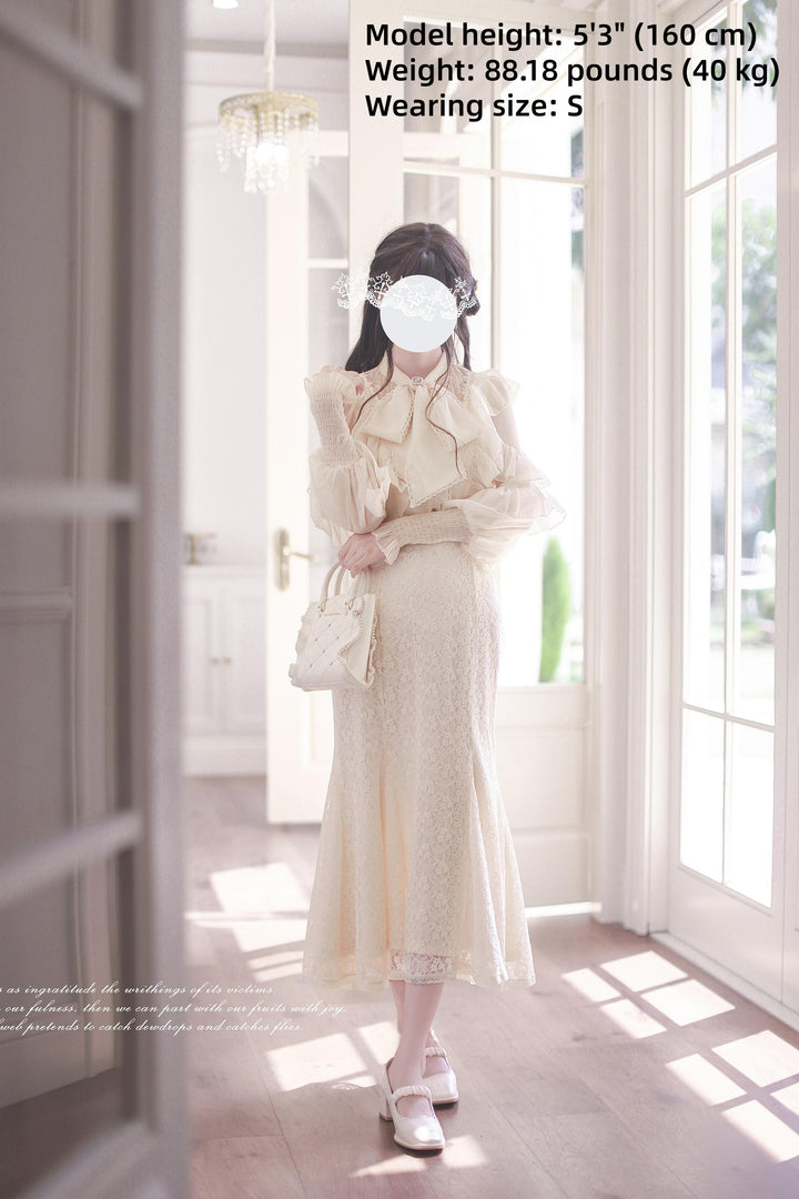 Elegant Open-Shoulder Blouse, Lace Mermaid Skirt 44039:793651