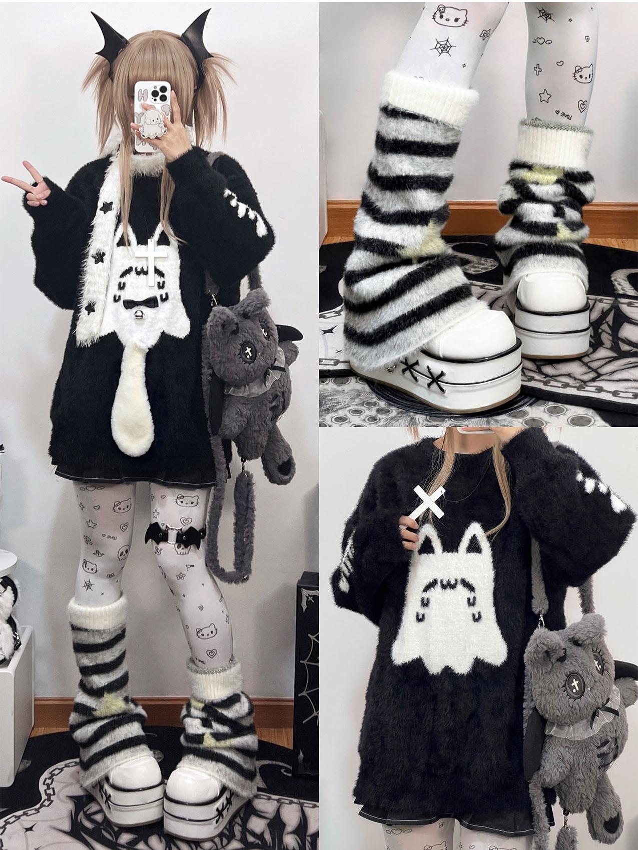 Jirai Kei Sweater Black Ghost Cat Print Couple Sweater – Honey