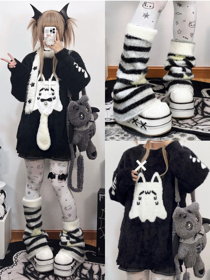 Jirai Kei Sweater Black Ghost Cat Print Couple Sweater 39952:646072