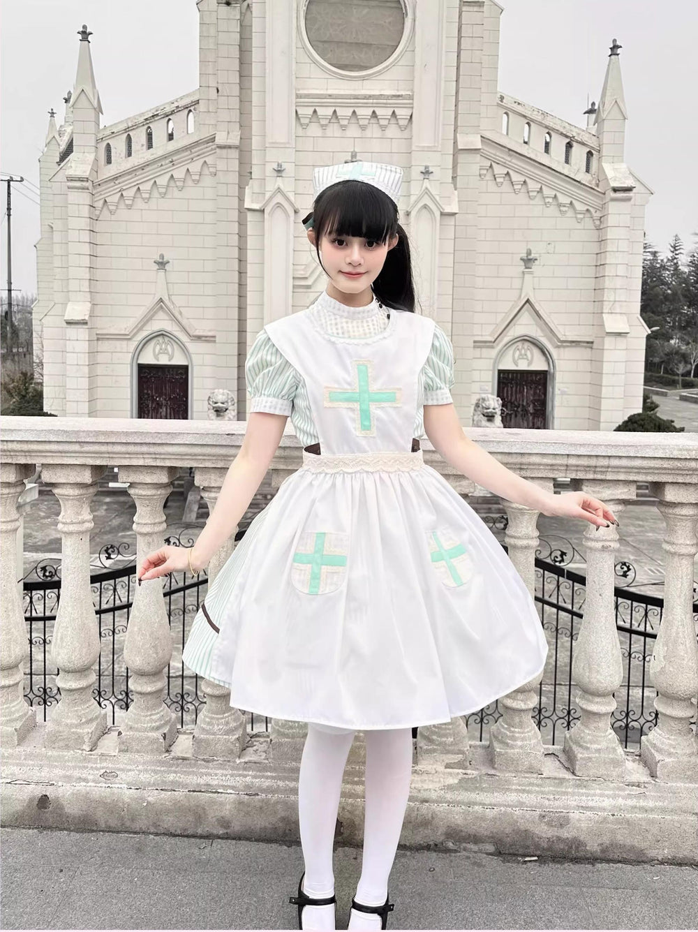 Old School Lolita Striped Dress, Cross Apron 45136:836824