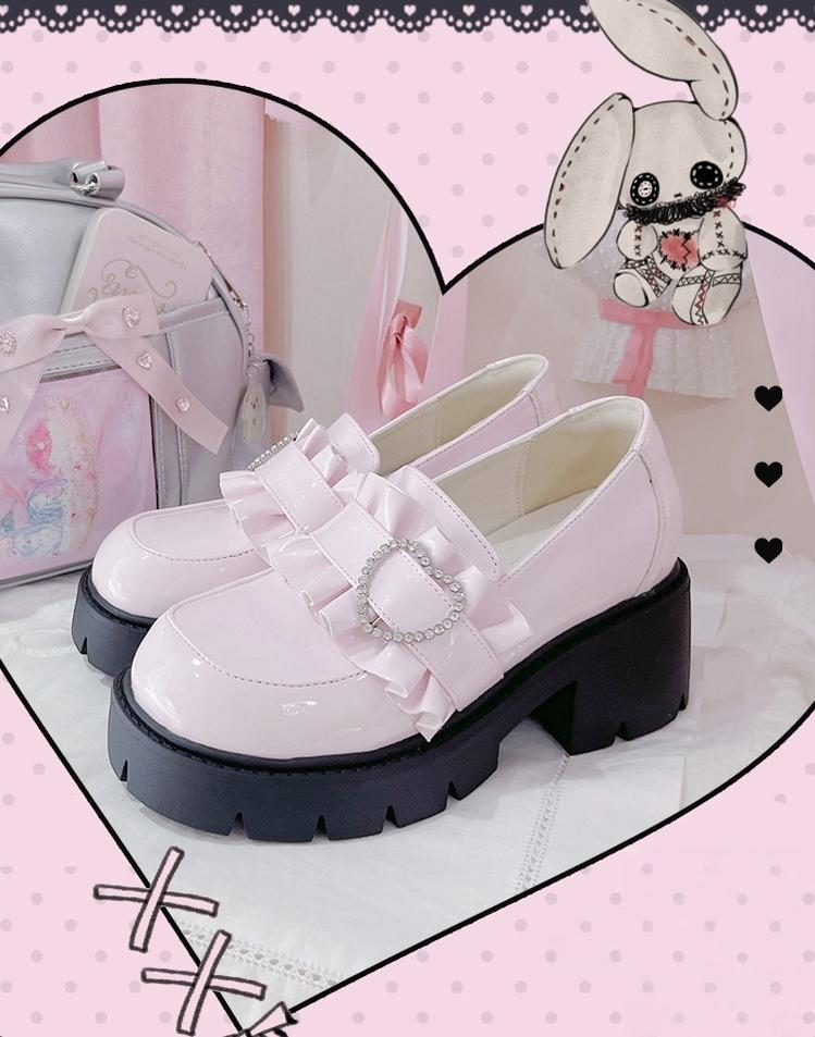 Jirai Kei High Platform Shoes, Heart Rhinestone Buckle (Pink / 35 36 37 38 39 40 41) 43787:785739