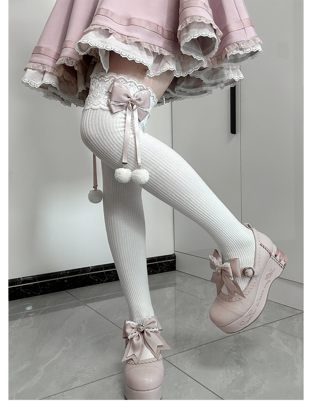 Jirai Kei Knee Socks Lace Bow Pom-Pom Mid-Calf Socks 40886:678942