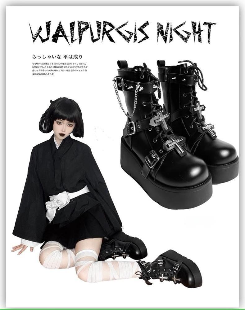 Punk Black Platform Shoes Cross And Rivet Martin Boots 32082:447244 32082:447244