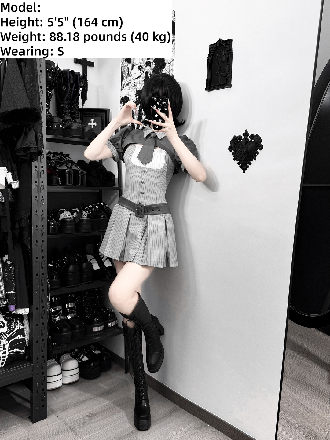 Jirai Kei Gray Striped Dress, Puff Sleeve Bolero 44808:829291