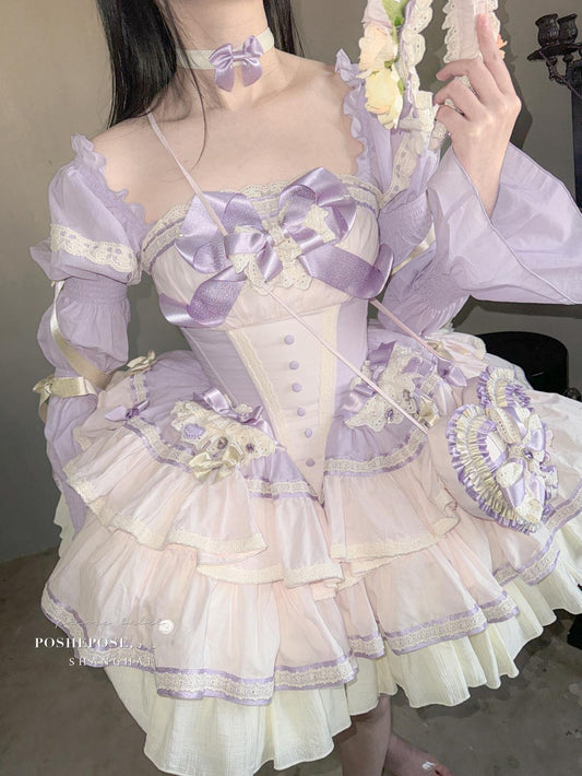 Lolita Dress Set Sweet Violet Pink Puffy Dress Corset Dress 36388:554846