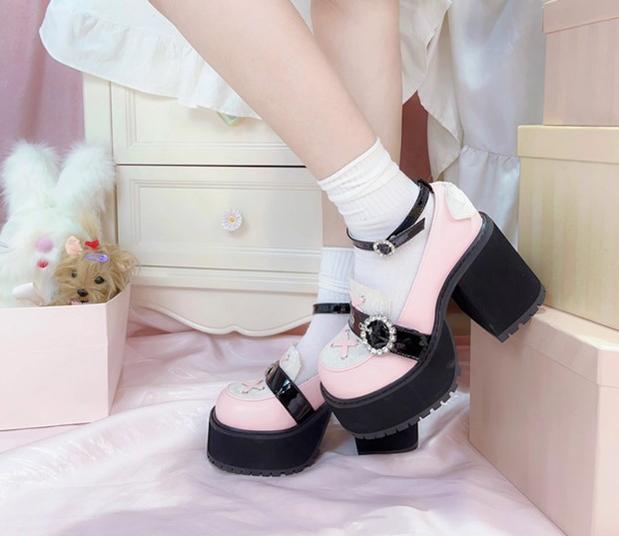Jirai Kei Black/Pink Platform Shoes With Rhinestones – Honey Wardrobe