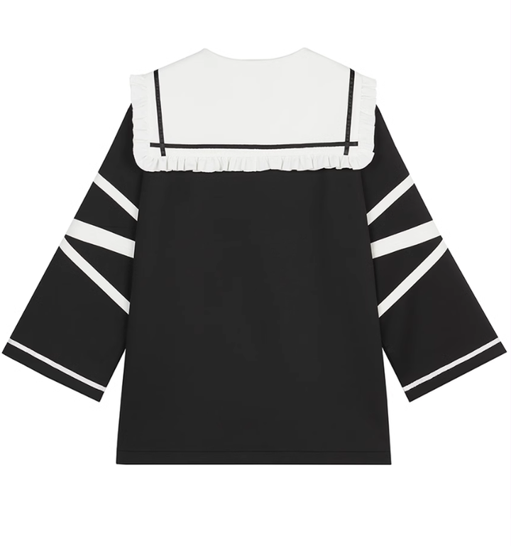 Jirai Kei Black White Dress Oversized Sailor Collar Dress 32016:383800 32016:383800