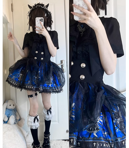 Black Lolita Skirt High-Waisted Print Skirt With Lace Trim 37562:563898