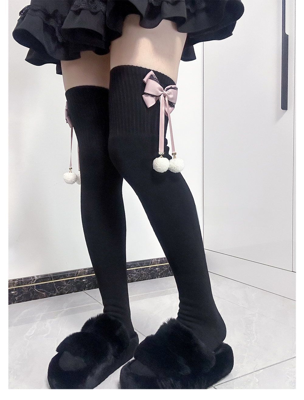 Jirai Kei Knee Socks Thick Plush Padded Bow Socks 40890:679132