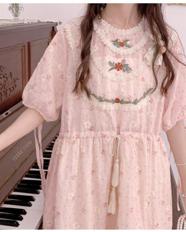 Mori Kei Dress Pink Floral Dress Short Sleeve Dress 36208:523728